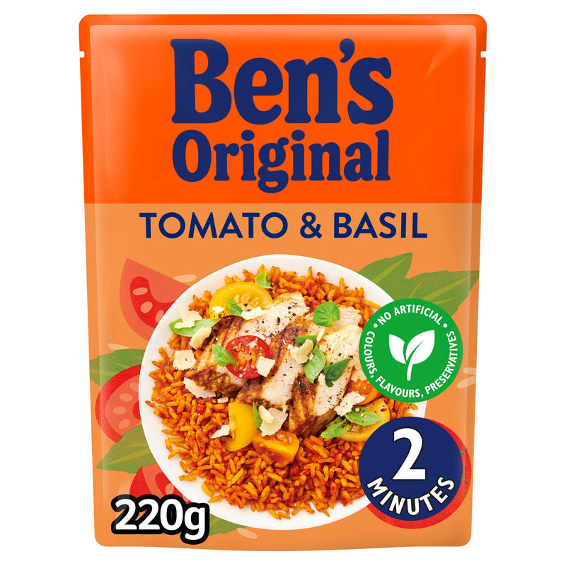 Ben's Original microwave rice Tomato and Basil 220g, imported from the UK