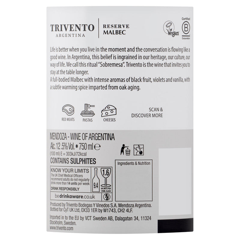 Trivento Malbec Reserve red wine 75cl, imported from the UK