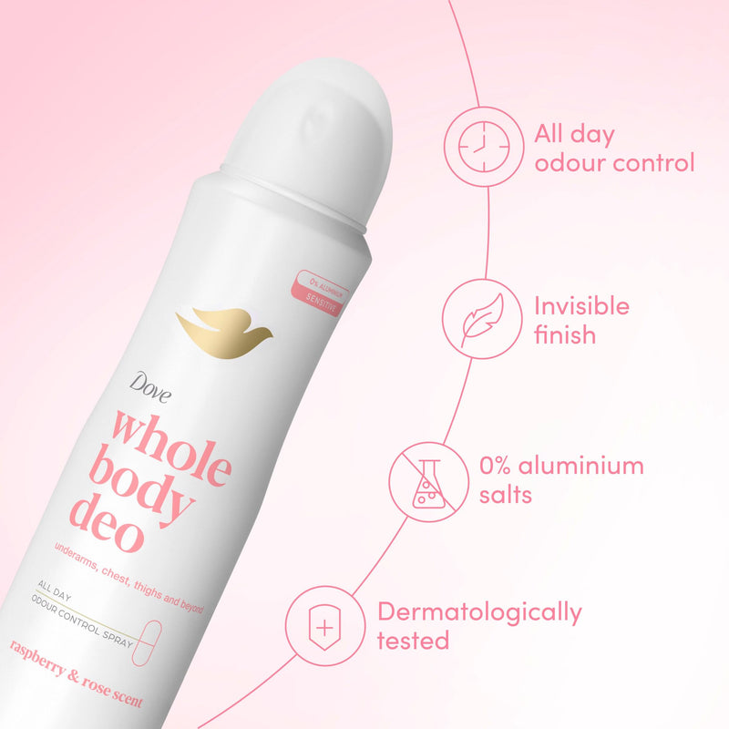 Dove whole body deodorant spray raspberry and rose 150ml (British brand)