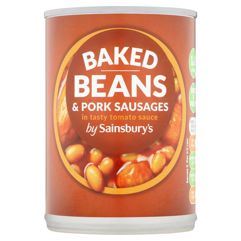 Sainsbury's baked beans in tomato sauce with sausages 400g (British brand)