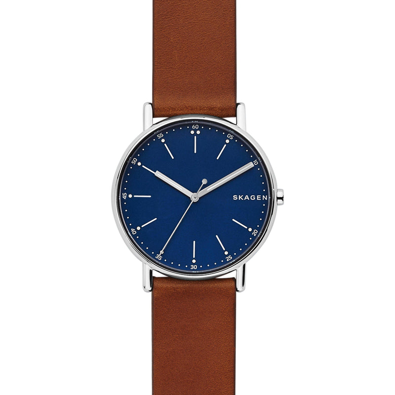 Skagen Signatur brown leather strap watch with blue dial 40mm, imported from the UK