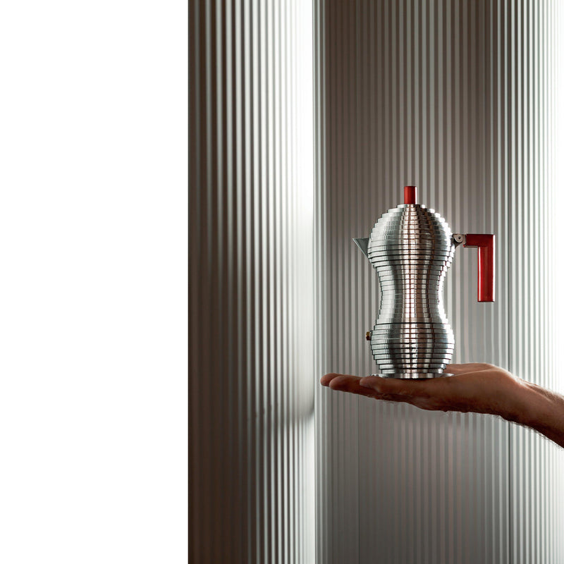 Alessi Pulcina 3 cup silver and red espresso maker (British brand)