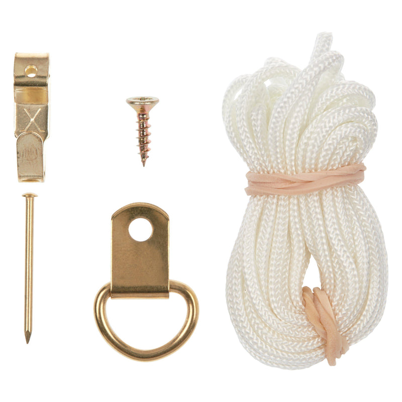 Frank Shaw brass picture hanging kit with hooks and cord (British brand)