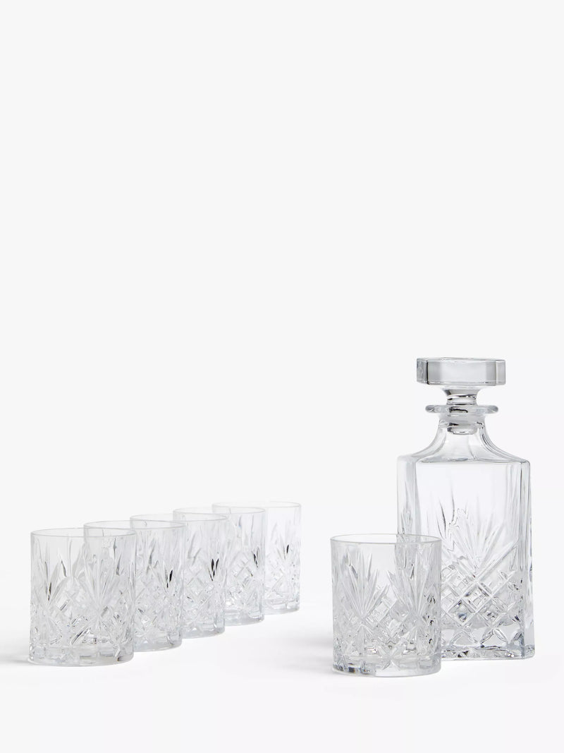John Lewis clear crystal glass whisky decanter and six tumblers 7 piece set, UK version