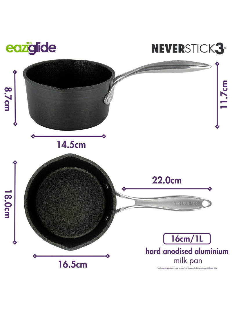 Eaziglide Neverstick3 Professional Non-Stick Milk Pan 16cm Diameter - British product