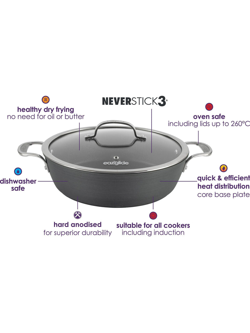 Eaziglide Neverstick3 Professional Non-Stick Shallow Casserole with Lid 28cm - British product
