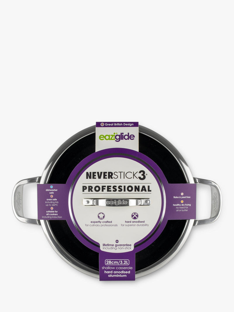 Eaziglide Neverstick3 Professional Non-Stick Shallow Casserole with Lid 28cm - British product