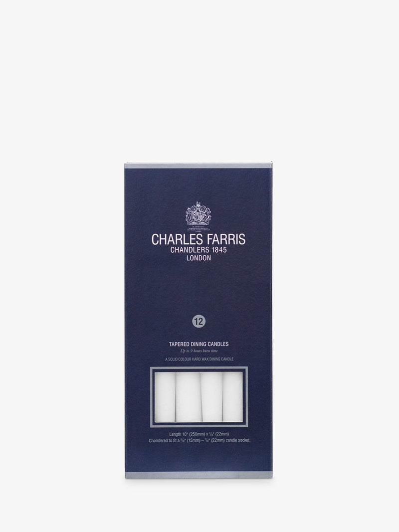 Charles Farris tapered white dinner candles pack of 12 (British brand)