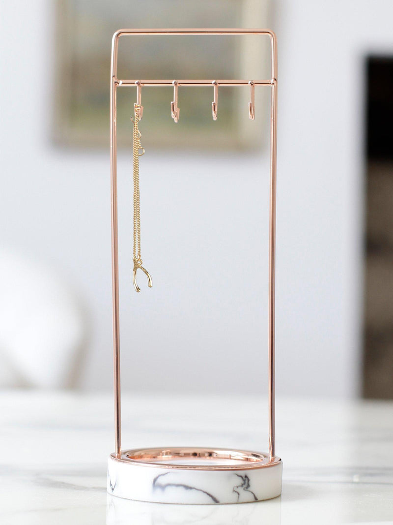 Stackers 8-hook jewellery stand with marble effect base in rose gold (British brand)