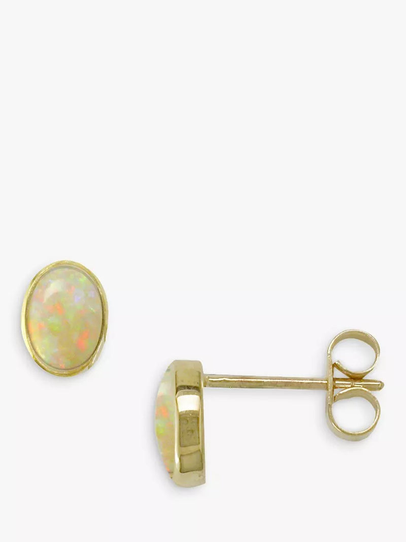 E.W Adams 9ct gold oval stud earrings with opal stone, imported from the UK