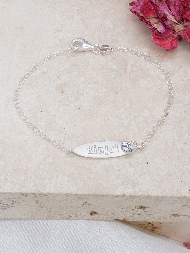 IBB personalised sterling silver children's ID bracelet with cubic zirconia heart, UK version