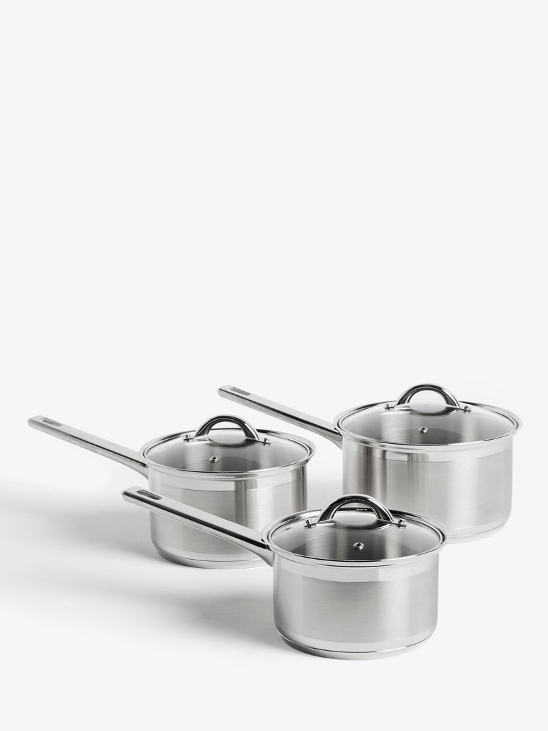John Lewis stainless steel saucepan set with glass lids, 3 pieces, UK version