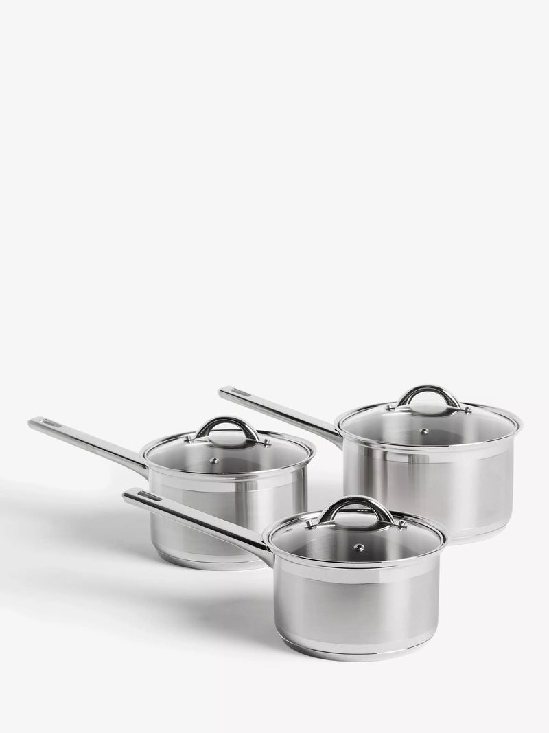 John Lewis stainless steel saucepan set with glass lids, 3 pieces, UK version