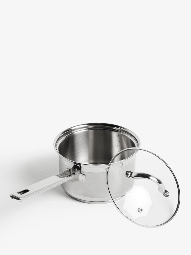 John Lewis stainless steel saucepan set with glass lids, 3 pieces, UK version
