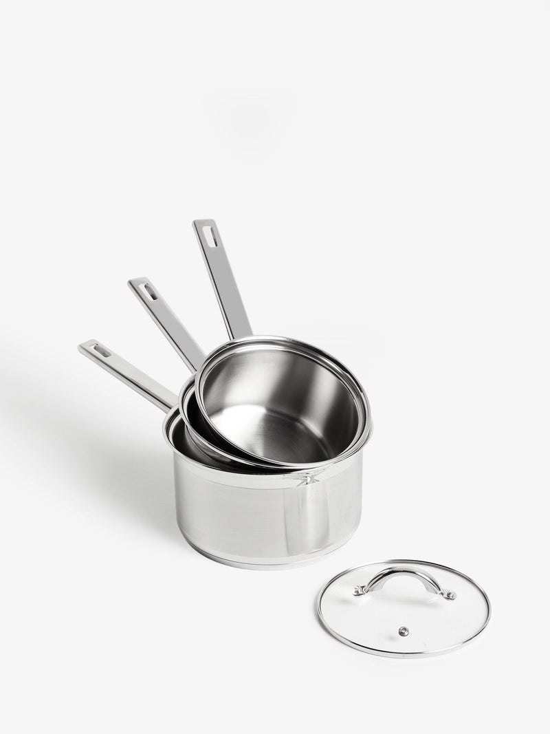 John Lewis stainless steel saucepan set with glass lids, 3 pieces, UK version