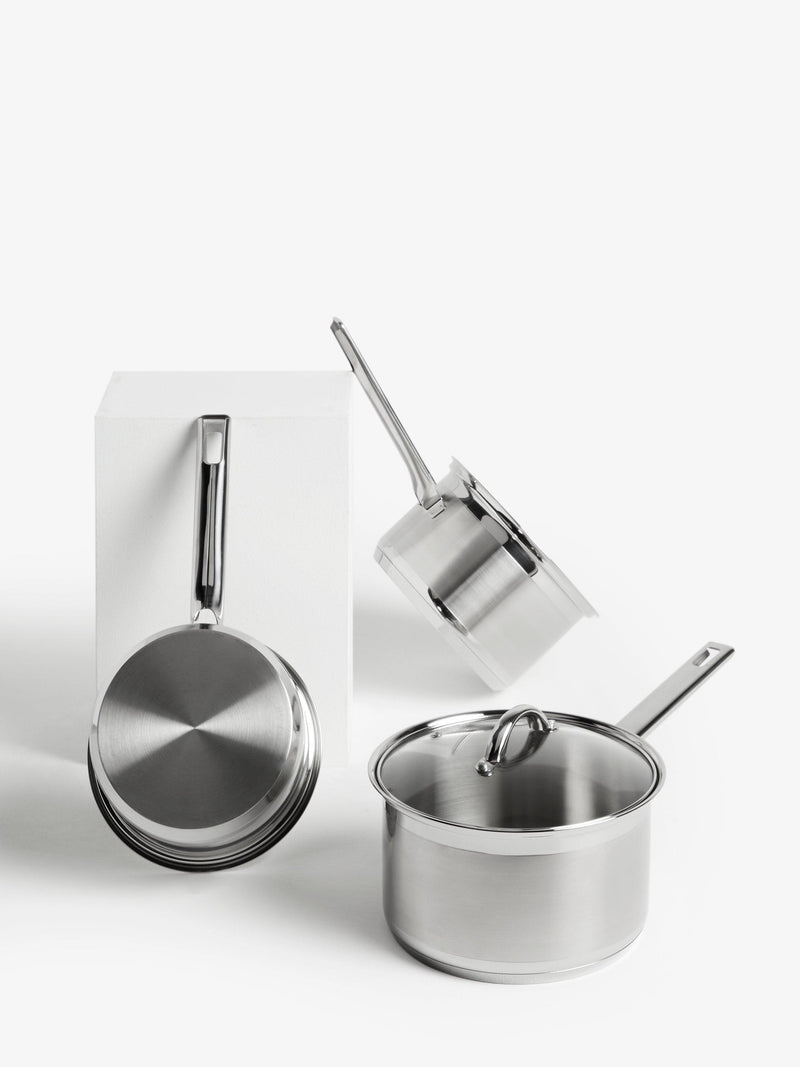 John Lewis stainless steel saucepan set with glass lids, 3 pieces, UK version