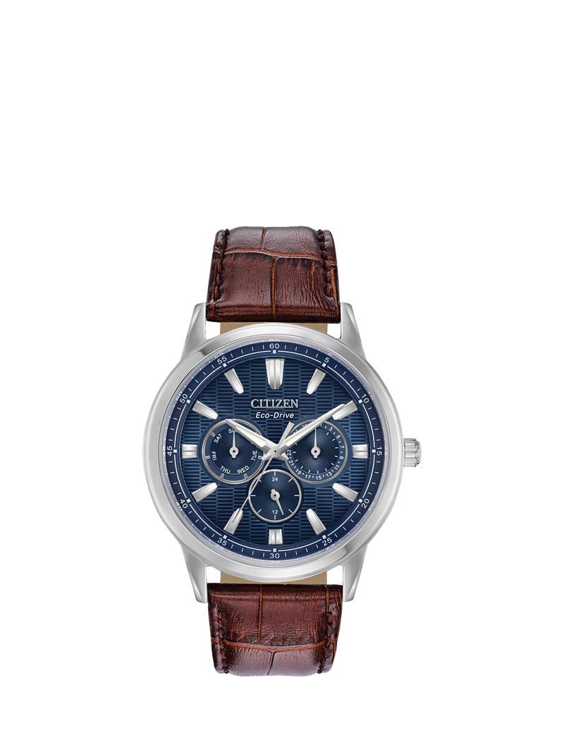 Citizen Eco-Drive chronograph watch, blue dial, brown leather strap (British brand)
