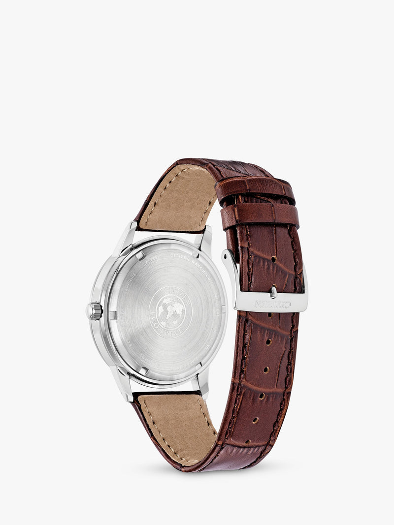 Citizen Eco-Drive chronograph watch, blue dial, brown leather strap (British brand)