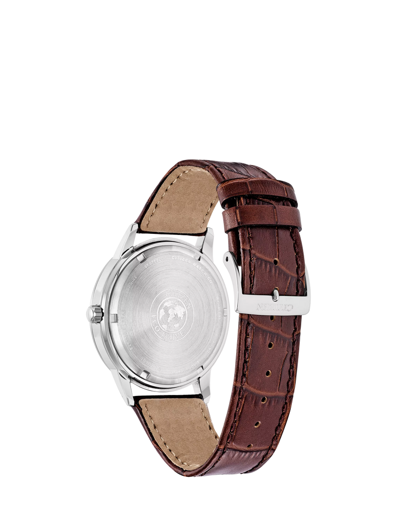 Citizen Eco-Drive chronograph watch, blue dial, brown leather strap (British brand)