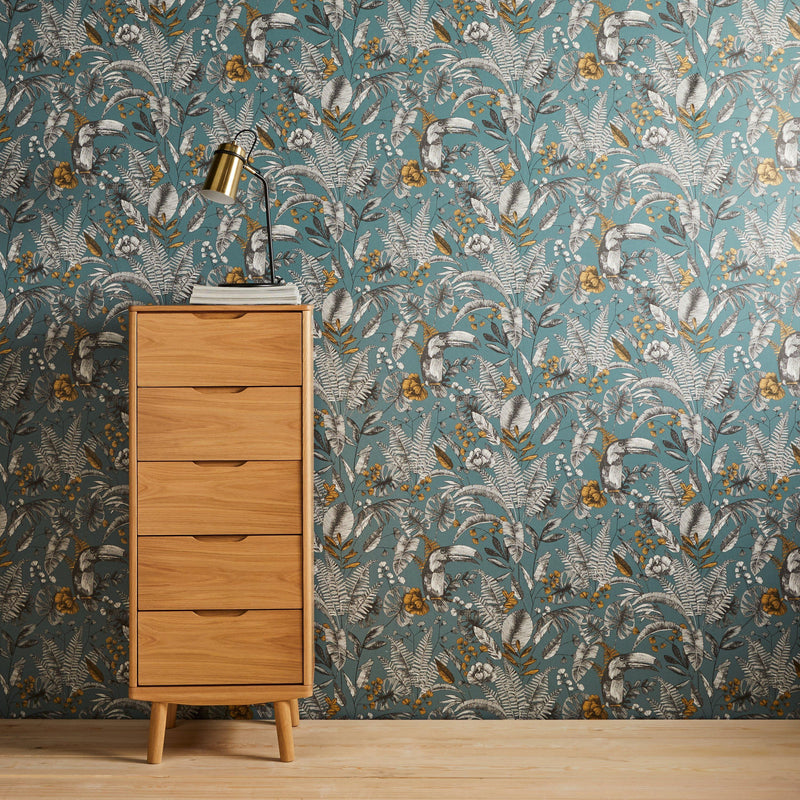 John Lewis exotic wallpaper with toucans and tropical foliage, UK version
