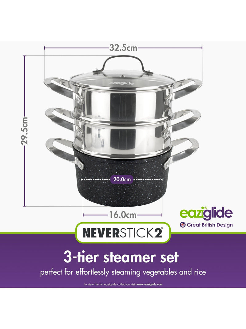 Eaziglide Neverstick2 Aluminium Non-Stick Pot 3-Tier Steamer Set - British product