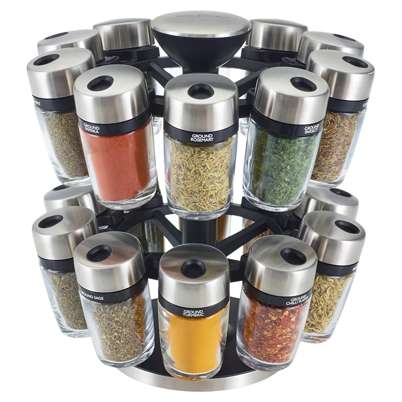 Cole & Mason filled spice rack carousel with 20 jars - British product