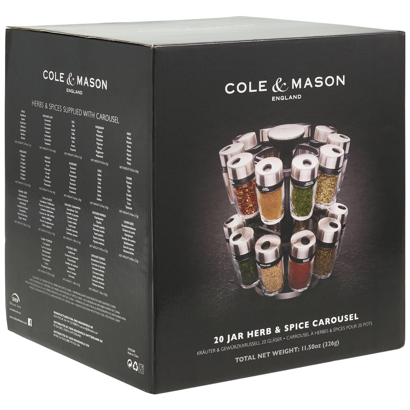 Cole & Mason filled spice rack carousel with 20 jars - British product