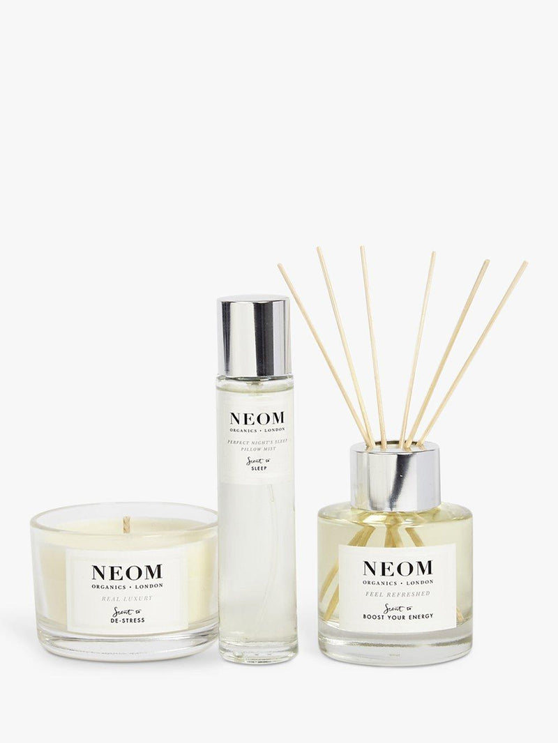 NEOM wellbeing set with reed diffuser, travel candle, and pillow mist, imported from the UK
