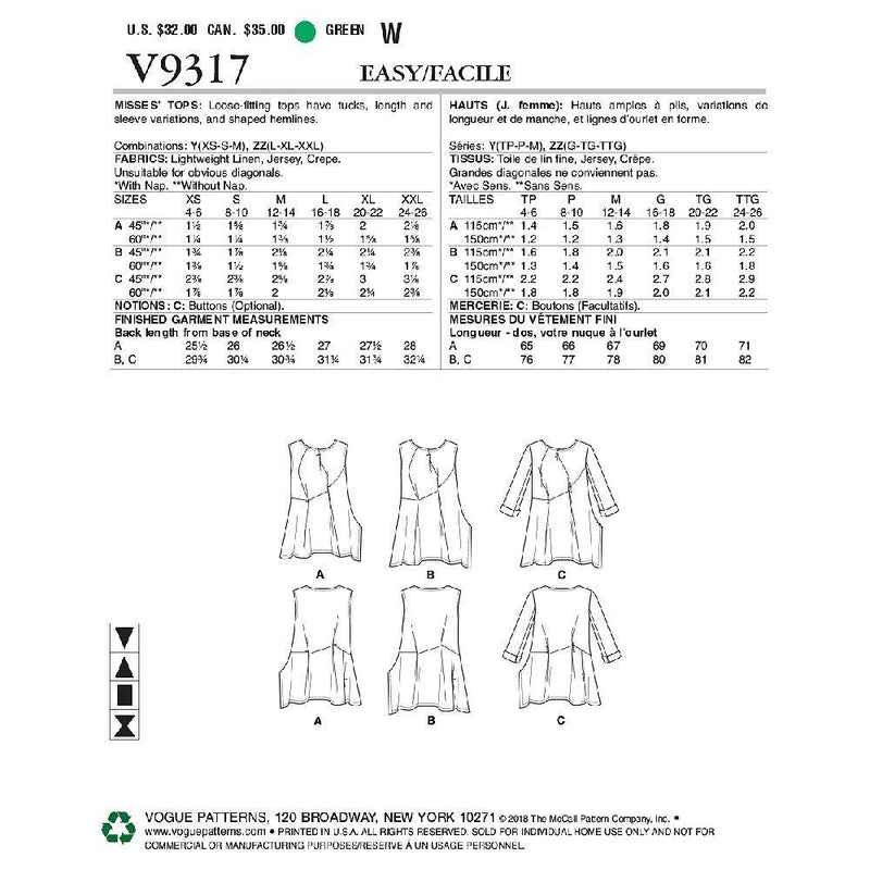 Vogue sewing pattern 9317 for women's tops, UK version