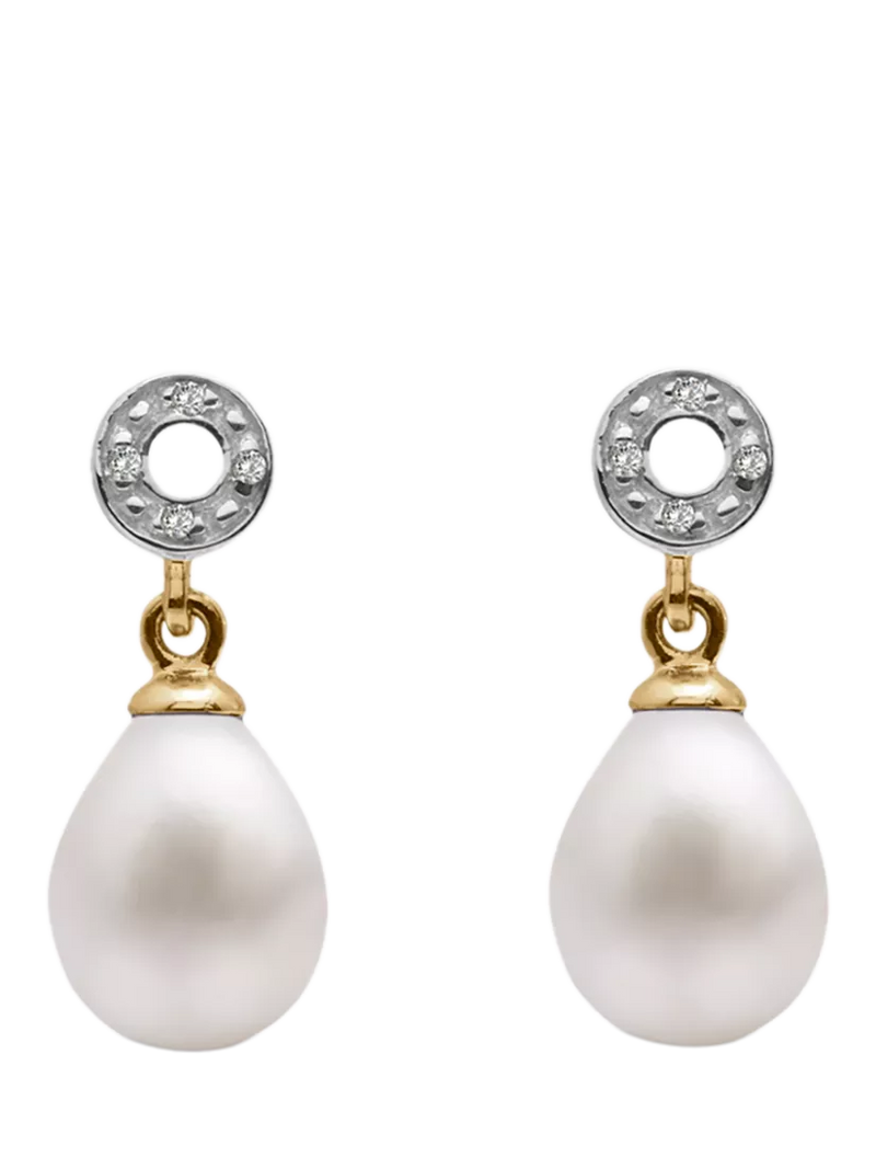 E W Adams 9ct gold pearl diamond drop earrings (British brand)