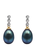 E.W Adams 9ct Gold Freshwater Pearl Three Diamond Drop Earrings