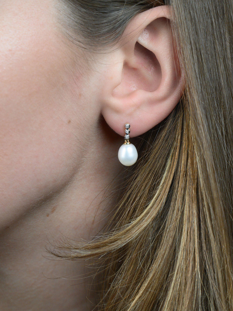 E.W Adams drop earrings freshwater pearl and diamond 9ct gold (British brand)
