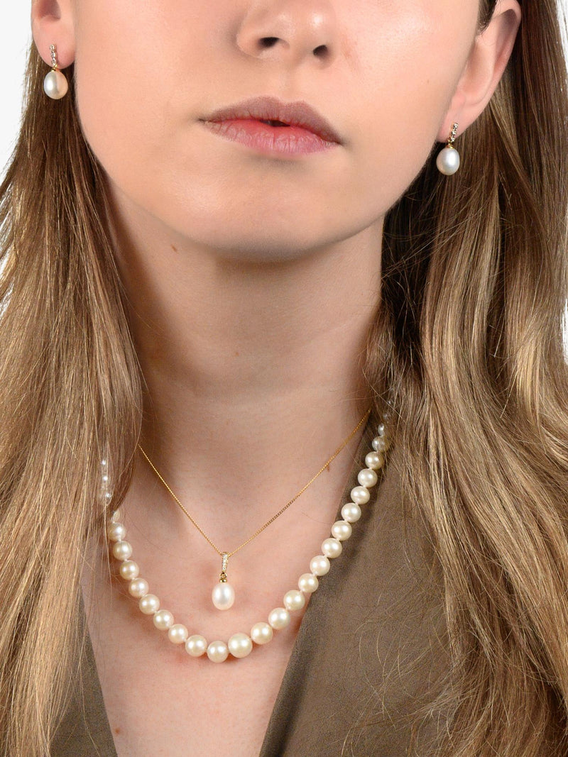 E.W Adams drop earrings freshwater pearl and diamond 9ct gold (British brand)