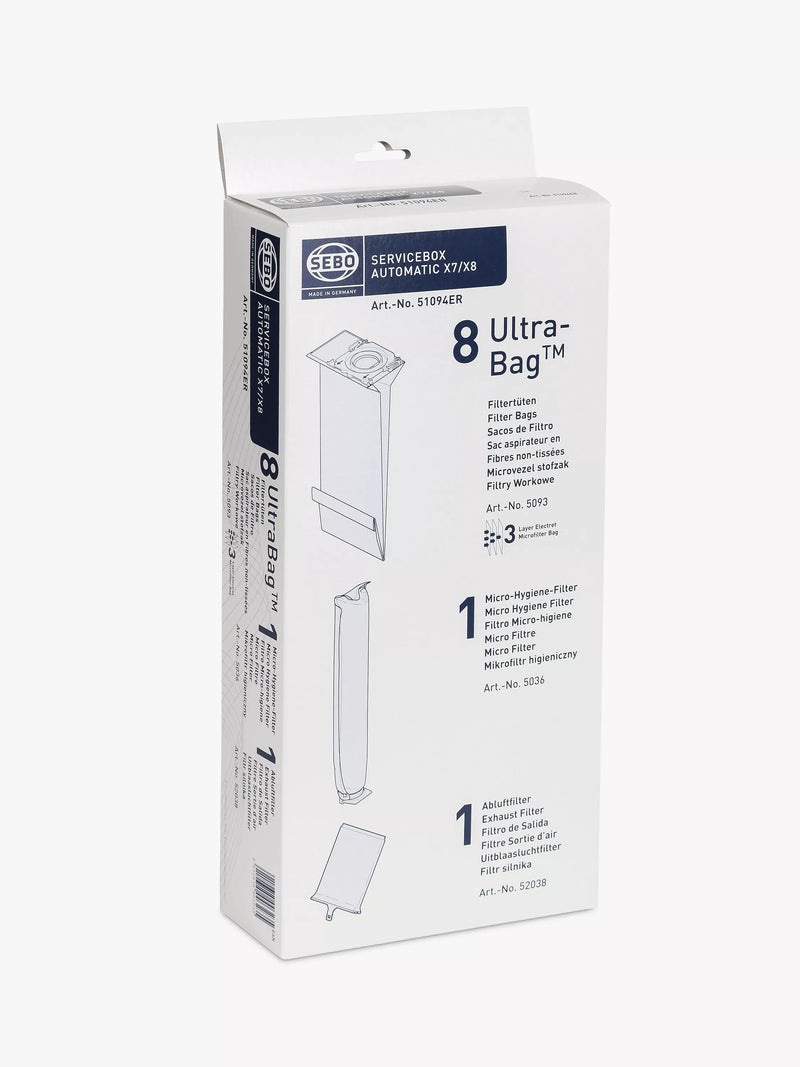 SEBO X7/X8 series service box with 8 Ultra-Bags and filters (British brand)