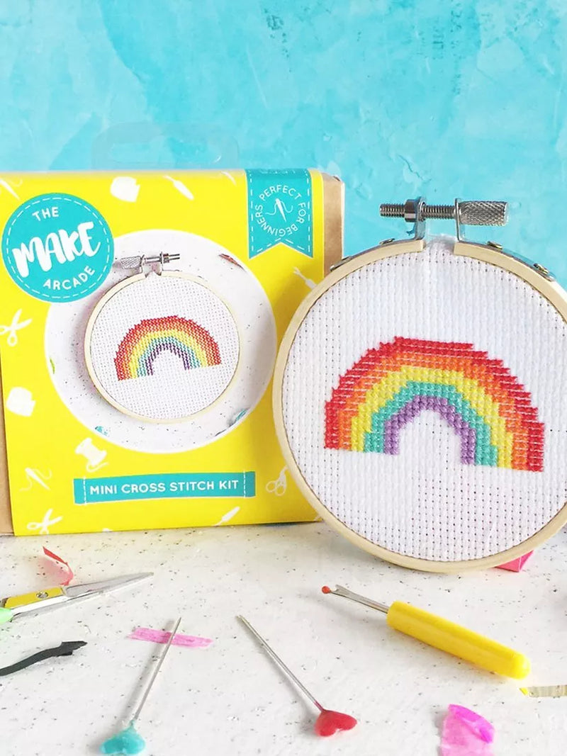 The Make Arcade mini rainbow cross stitch kit, UK version
