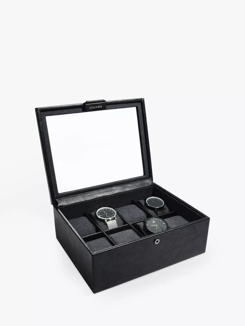 Glass watch box for eight watches with removable pads and glass panel (British brand)