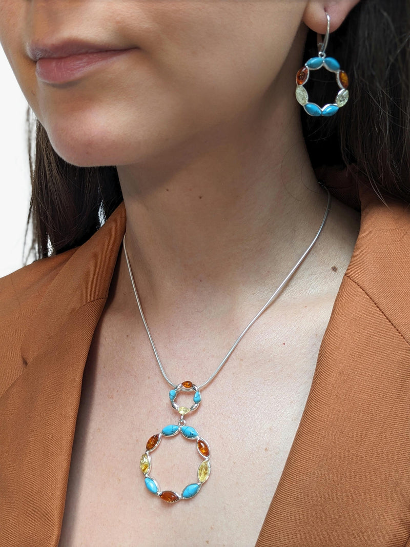 Be-Jewelled turquoise amber circle drop earrings sterling silver - British product