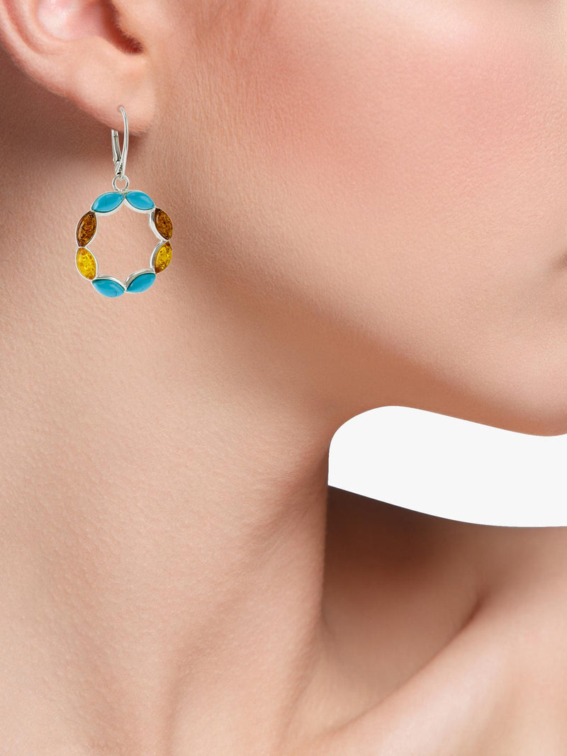 Be-Jewelled turquoise amber circle drop earrings sterling silver - British product