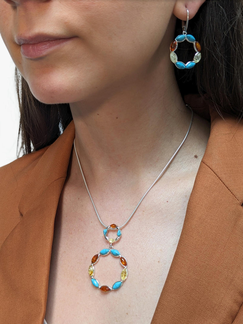Be-Jewelled turquoise amber pendant necklace silver, imported from the UK