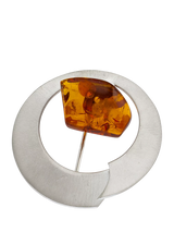 John Lewis Be-Jewelled Brushed Baltic Amber Round Brooch, Silver/Cognac- Buy online at McGrocer