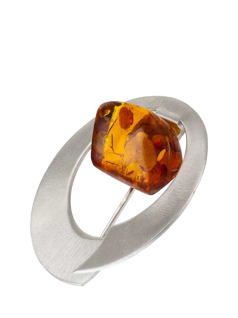 Be-Jewelled brushed Baltic amber round brooch silver cognac, UK version