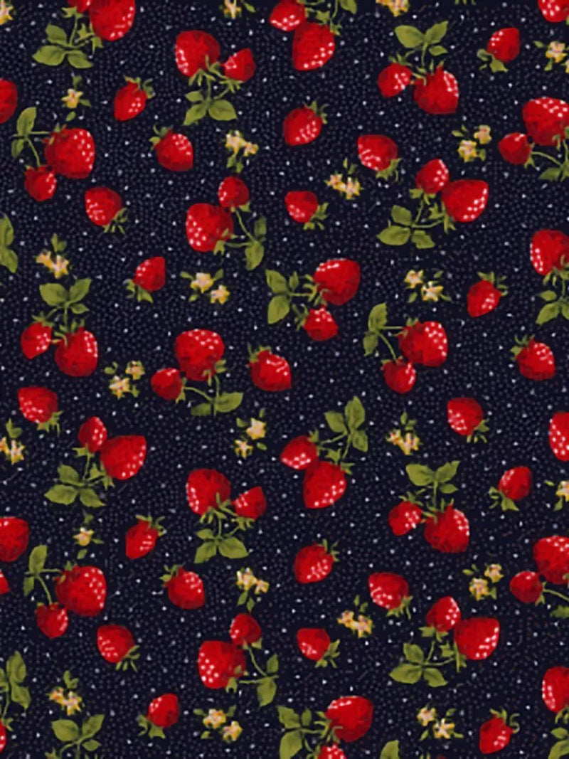 Oddies Textiles strawberry print cotton fabric navy, UK version