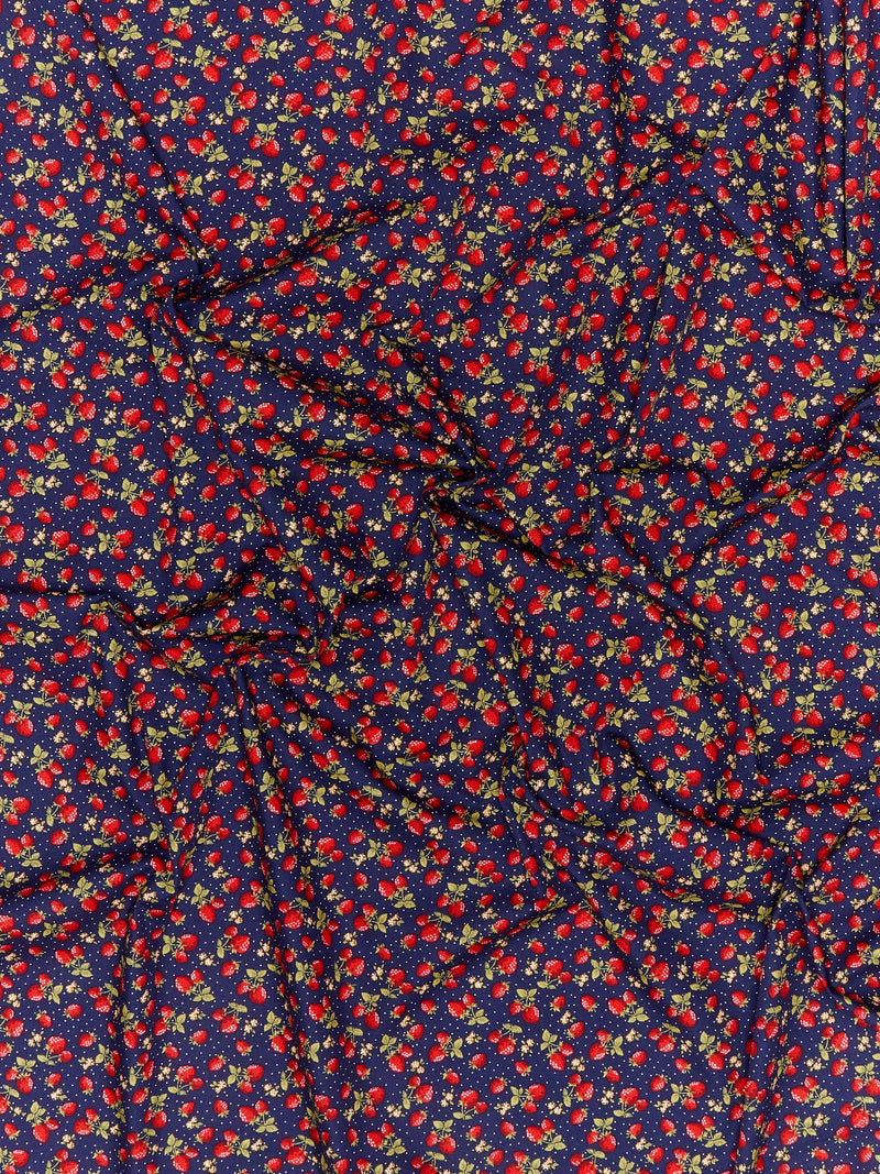 Oddies Textiles strawberry print cotton fabric navy, UK version