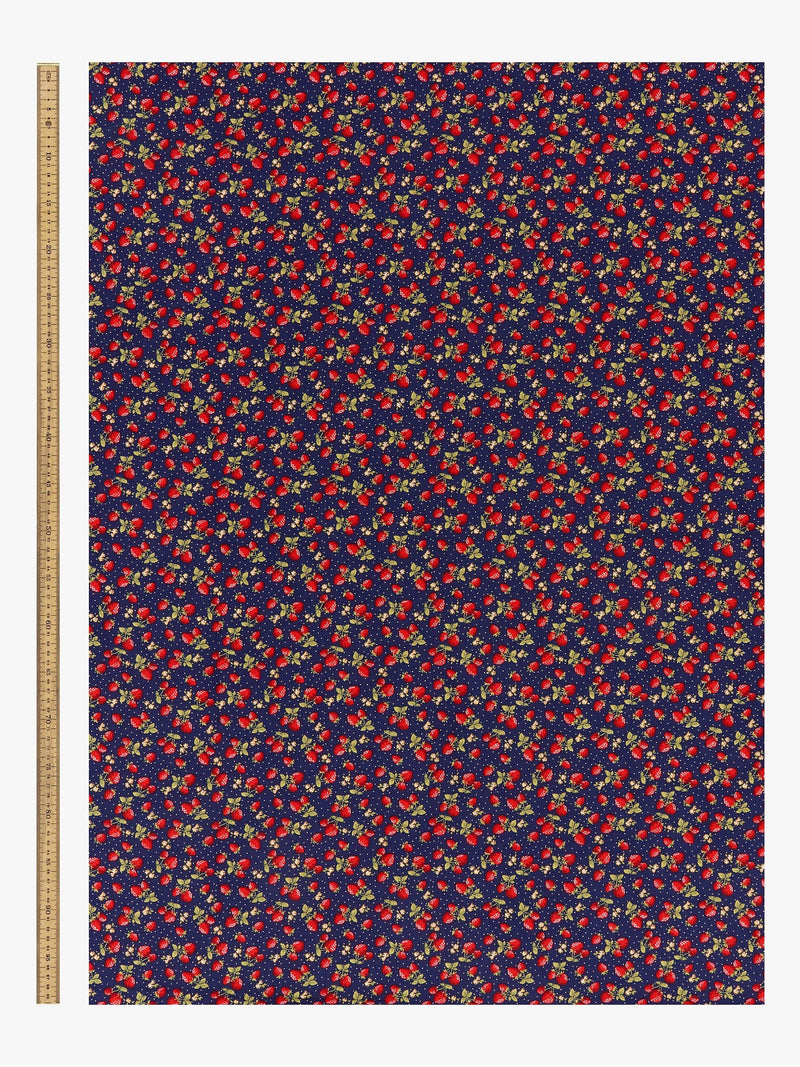 Oddies Textiles strawberry print cotton fabric navy, UK version
