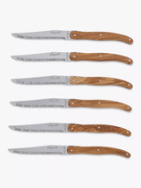 John Lewis Laguiole Stainless Steel Steak Knife Set with Knife Block, Olive Wood Handles, 6 Pieces- Buy online at McGrocer