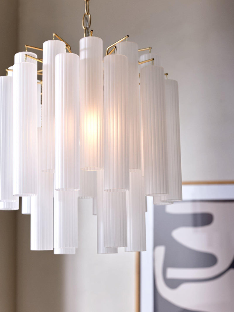 John Lewis Helix gold chandelier with frosted glass flutes (British brand)