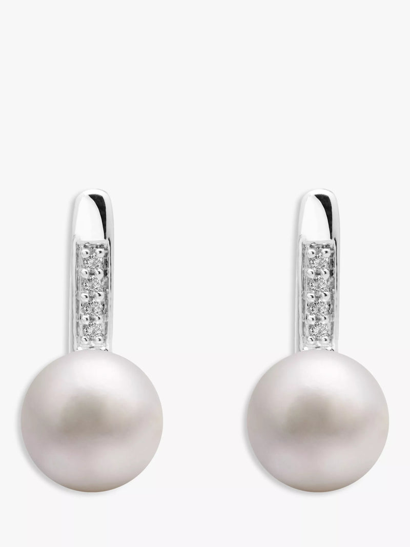 E.W Adams 9ct white gold freshwater pearl diamond drop earrings, UK version