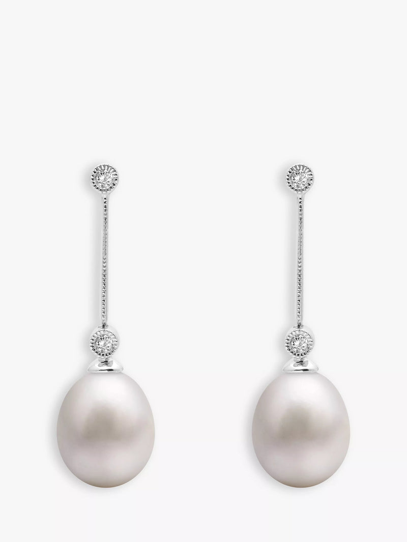 E.W Adams pearl diamond drop earrings 9ct white gold - British product