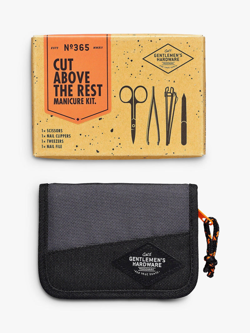 Gentlemen's Hardware manicure kit with stainless steel clippers, tweezers, and scissors in a zipped fabric case, UK version