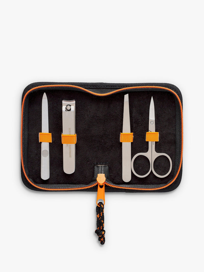 Gentlemen's Hardware manicure kit with stainless steel clippers, tweezers, and scissors in a zipped fabric case, UK version